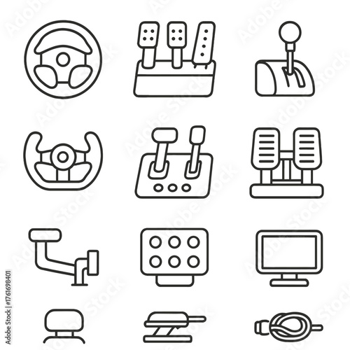 Simulation Cockpit Icons. Outline icon set of simulation cockpits: racing wheel, pedals, shifter, flight yoke,