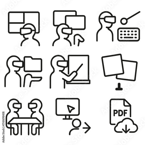 VR Productivity Icons. Outline icon set of VR productivity: virtual desktop, multi window, keyboard overlay,