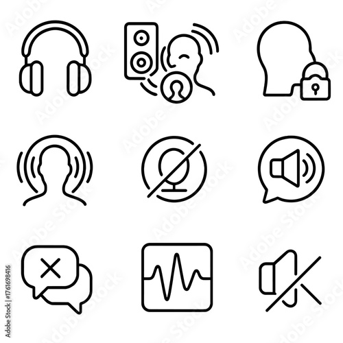 Spatial Audio Icons. Outline icon set of spatial audio: over-ear headset, built-in speakers, spatializer, HRTF