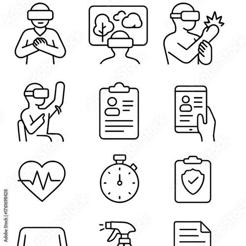 Healthcare VR Icon Set. Outline icon set of healthcare VR: guided therapy, exposure scene, pain relief icon,