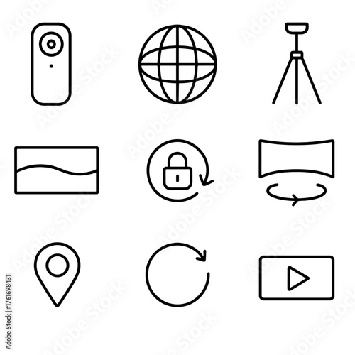 360° Content Icons. Outline icon set of retail and showrooms: product shelf, size selector, color swatch,