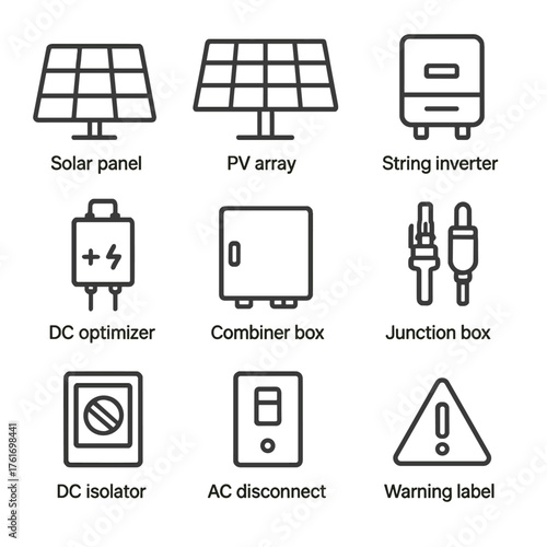 Solar Icon Set. Outline icon set of solar photovoltaic systems: solar panel, PV array, string inverter,
