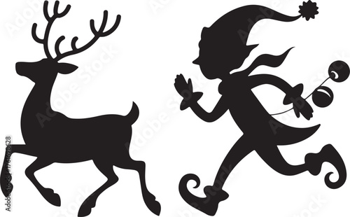 Black silhouette running deer and cute Christmas elf
