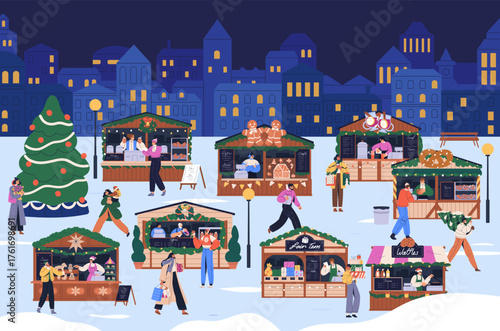 Christmas market, winter seasonal fair in city. Outdoor holiday Xmas trade in street stalls, wooden booths, shops. Evening bazaar, people at festival, New Year night. Flat vector illustration