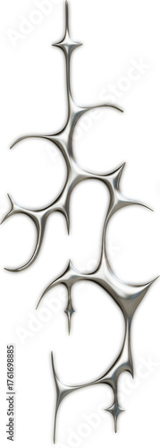 Futuristic chrome abstract sigil in 3D cybersigilism style with reflective metallic surfaces and sharp gothic liquid shapes.