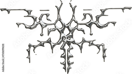 Futuristic chrome abstract sigil in 3D cybersigilism style with reflective metallic surfaces and sharp gothic liquid shapes.