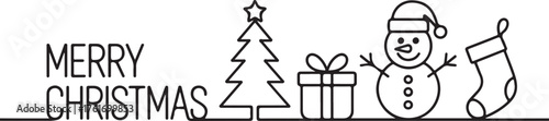 Linear style design for winter holidays with Christmas tree, gift box, snowman and stocking