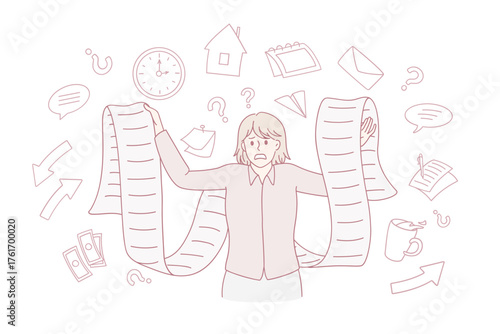 Anxious stressed young woman hold long paper list distressed with deadline. Worried girl frustrated confused with bill or plan schedule. Time management problem. Stress. Vector illustration.