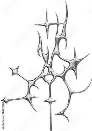 Futuristic chrome abstract sigil in 3D cybersigilism style with reflective metallic surfaces and sharp gothic liquid shapes.