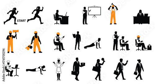 Silhouette illustrations showing people in various professions and activities isolated on white background