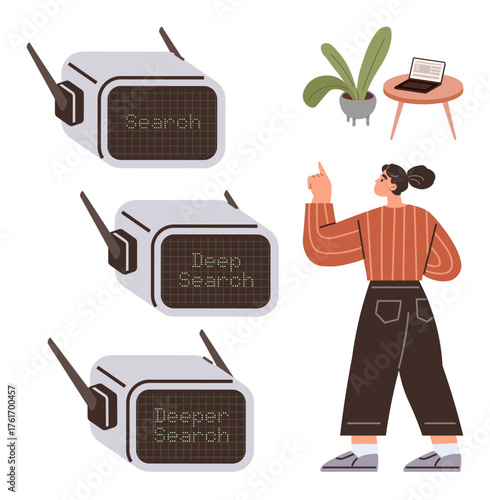 Three search machine screens with increasing intensity levels, woman pointing inquisitively, potted plant, laptop on a wooden table. Ideal for technology, search engines, research, discovery