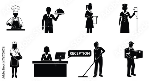 Set of different professions icons isolated on white background chef, waiter, maid, nurse, receptionist, cleaner, courier