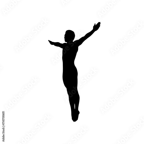 Silhouette of male gymnast performing elegant jump with arms raised, symbol of grace, balance and strength in artistic gymnastics, isolated on transparent background, flat style