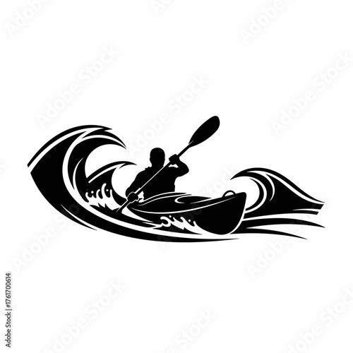 Silhouette of kayaker riding a wave, extreme water sport scene with dynamic motion and splashing effect, athlete demonstrating strength and control, isolated on transparent background, flat style