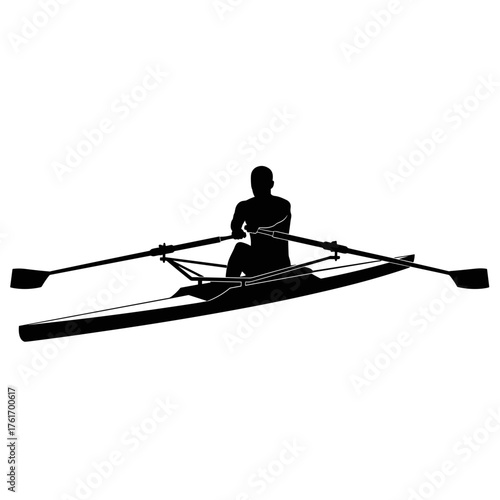 Silhouette of athlete rowing single scull boat, professional rower in motion on water, concept of strength, endurance and balance, isolated on transparent background