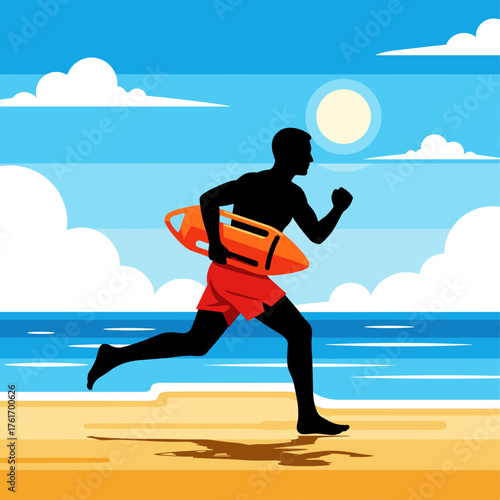 Silhouette of lifeguard running on beach with rescue board under bright summer sun, sea and clouds background, safety and heroism concept, flat illustration