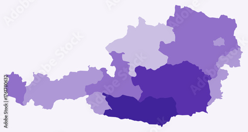 Map of Austria with regions. Just a simple country border map with region division. Deep purple color palette. Flat Austria shape with administrative division. Vector illustration.