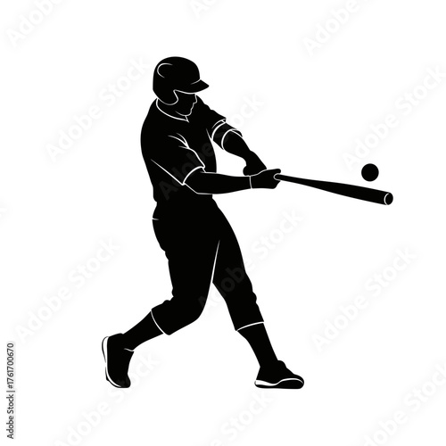 Silhouette of baseball player hitting ball with bat in dynamic motion, symbol of strength, focus and precision, isolated on transparent background, flat styleSilhouette of baseball player hitting ball