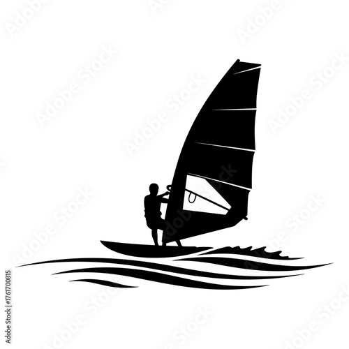 Silhouette of windsurfer gliding over waves with full sail, athlete balancing on board showing control, strength and freedom, black figure on transparent background, flat style