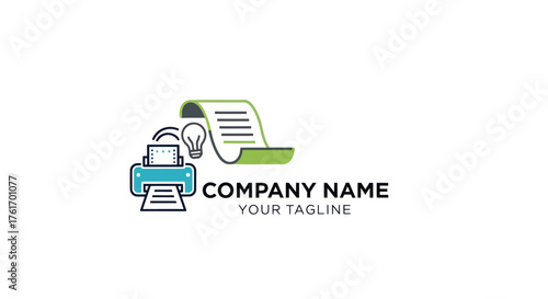Creative printer logo with document and lightbulb representing ideas and printing.
