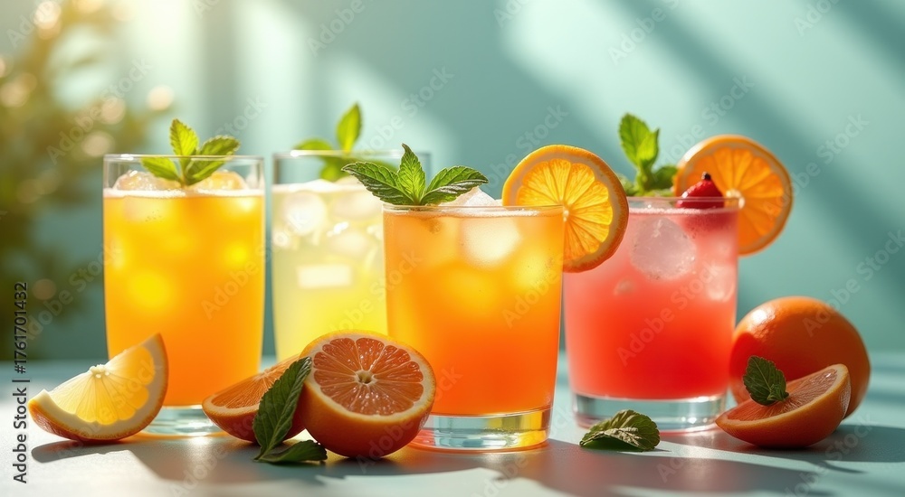Fototapeta premium Glasses of different colored drinks with oranges and mint