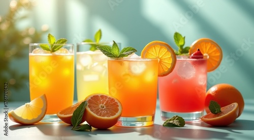 Glasses of different colored drinks with oranges and mint