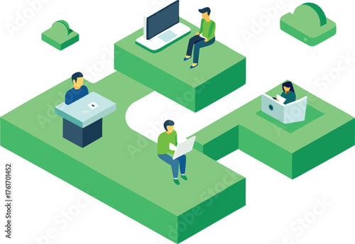 Isometric 3d vector illustration of people working remotely diverse team collaboration scalable eps