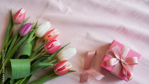 A delicate arrangement of pink, white, and purple tulips paired with a neatly wrapped pink gift box on a soft pink fabric, evoking a sense of springtime joy