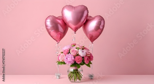 pink tulips in vase,bunga dengan balon love warna pink