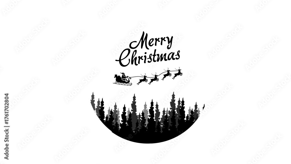 Fototapeta premium Merry Christmas silhouette design with Santa sleigh and reindeer over forest