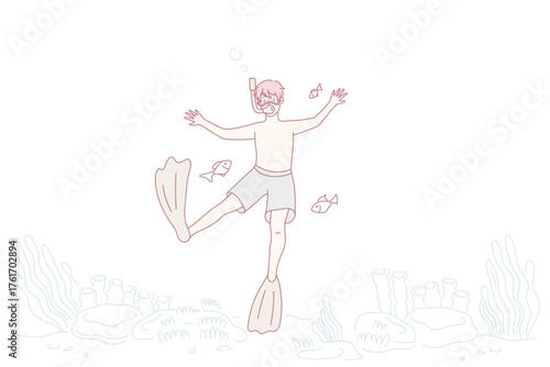 Boy child in scuba and swim fins snorkeling under water in sea. Happy kid in swimwear diving in ocean. Active summer vacation or holiday. Marine entertainment. Flat vector illustration.