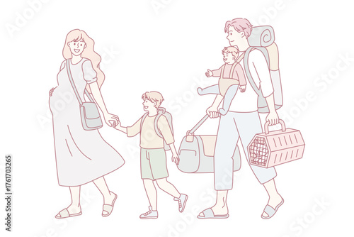 Young family with kids carry personal belongings ready for summer vacation. Happy father, pregnant mother and children ready for travel. Season holiday, tourism concept. Leisure activity.