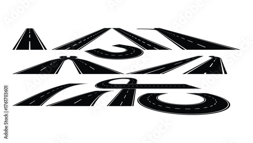 Set of asphalt road elements isolated on white background