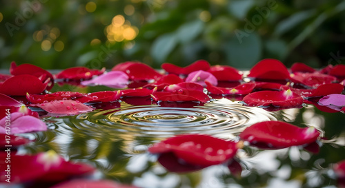 Fototapeta Naklejka Na Ścianę i Meble -  Floating rose petals creating concentric ripples, expressing tranquility and grace