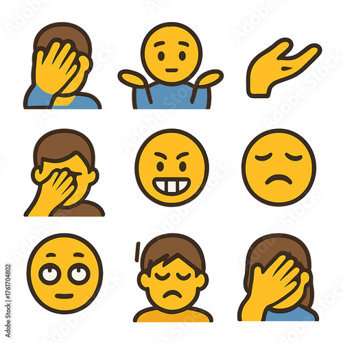 Emoji Reaction Icons. Flat icon set of facepalm & reactions: facepalm, shrug emoji, palm up, palm forehead,