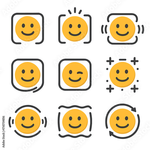 Animated Emoji Frames. Flat icon set of animated emoji frames: bounce frame, pop frame, shake frame, swirl