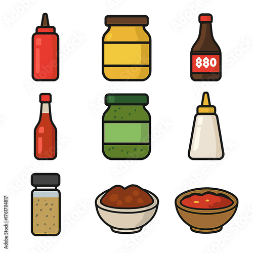 Condiment Icons Grid. Flat icon set of condiments: ketchup bottle, mustard jar, bbq sauce bottle, hot sauce,