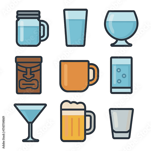 Drinkware Icon Collection. Flat icon set of drinkware styles: mason jar, tumbler, fishbowl glass, tiki mug,
