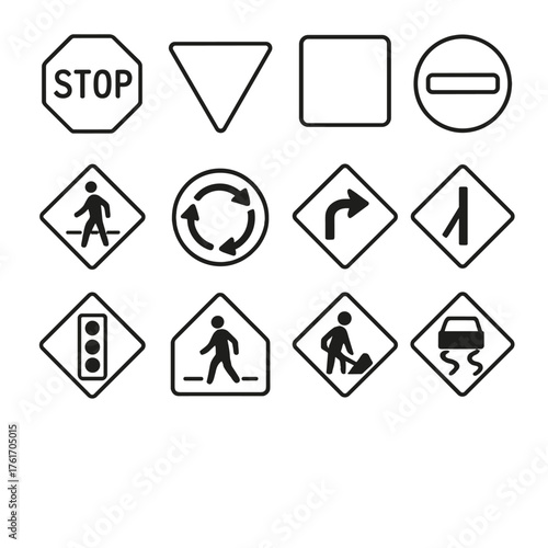 Road Sign Icons Grid. Outline icon set of road signs: stop sign, yield sign, speed limit, no entry, pedestrian