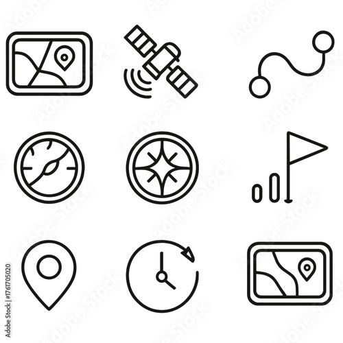 GPS Navigation Icons. Outline icon set of GPS navigation: GPS device, satellite icon, location arrow, route
