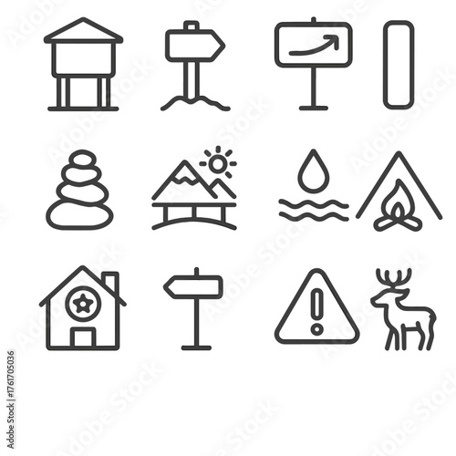 Hiking Trail Icons. Outline icon set of hiking trail markers: trailhead sign, distance marker, elevation label