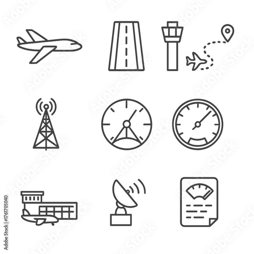 Aviation Navigation Icons. Outline icon set of aviation navigation: airplane icon, runway, control tower,