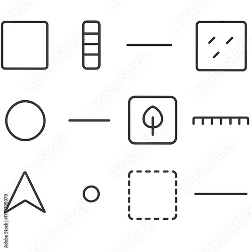 Map Legend Icons. Outline icon set of map legends: legend box, color swatch, line symbol, area fill, point
