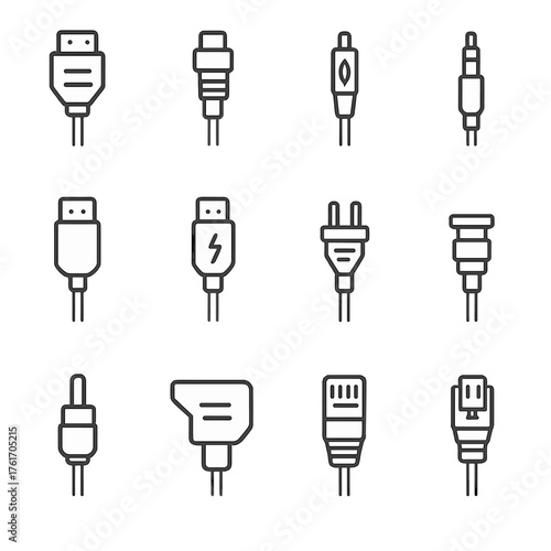 Cable Icon Collection. Outline icon set of drones and UAVs: quadcopter, octocopter, drone controller,