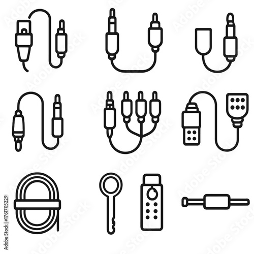 Audio Cable Icons. Outline icon set of VR capture tools: VR camera, lens array, audio ambisonic mic, gyroscope