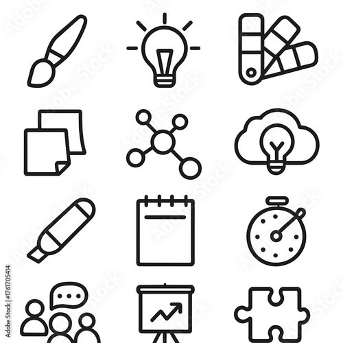 Creative Brainstorm Icons. Outline icon set of creative brainstorming: paintbrush, light bulb, mind map, color