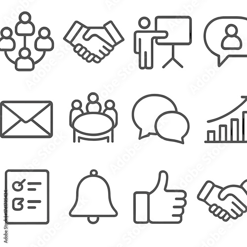 Stakeholder Engagement Icons. Outline icon set of stakeholder engagement: group network, handshake,
