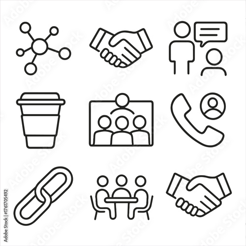 Team Networking Icons. Outline icon set of team networking: network nodes, handshake, elevator pitch, business