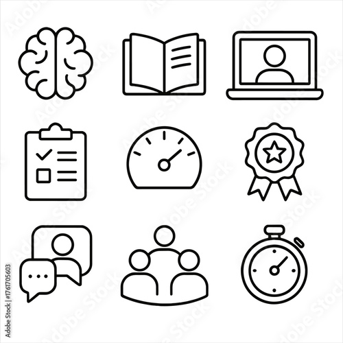 Иконки Развития Навыков. Outline icon set of skill development: brain icon, book, online course, video play,