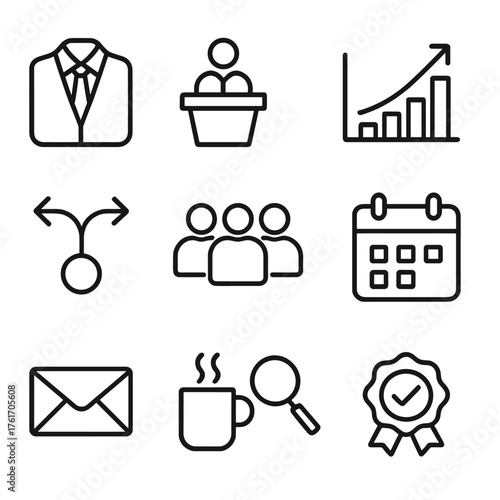 Набор иконок лидерства. Outline icon set of executive leadership: suit tie icon, podium, chart growth,